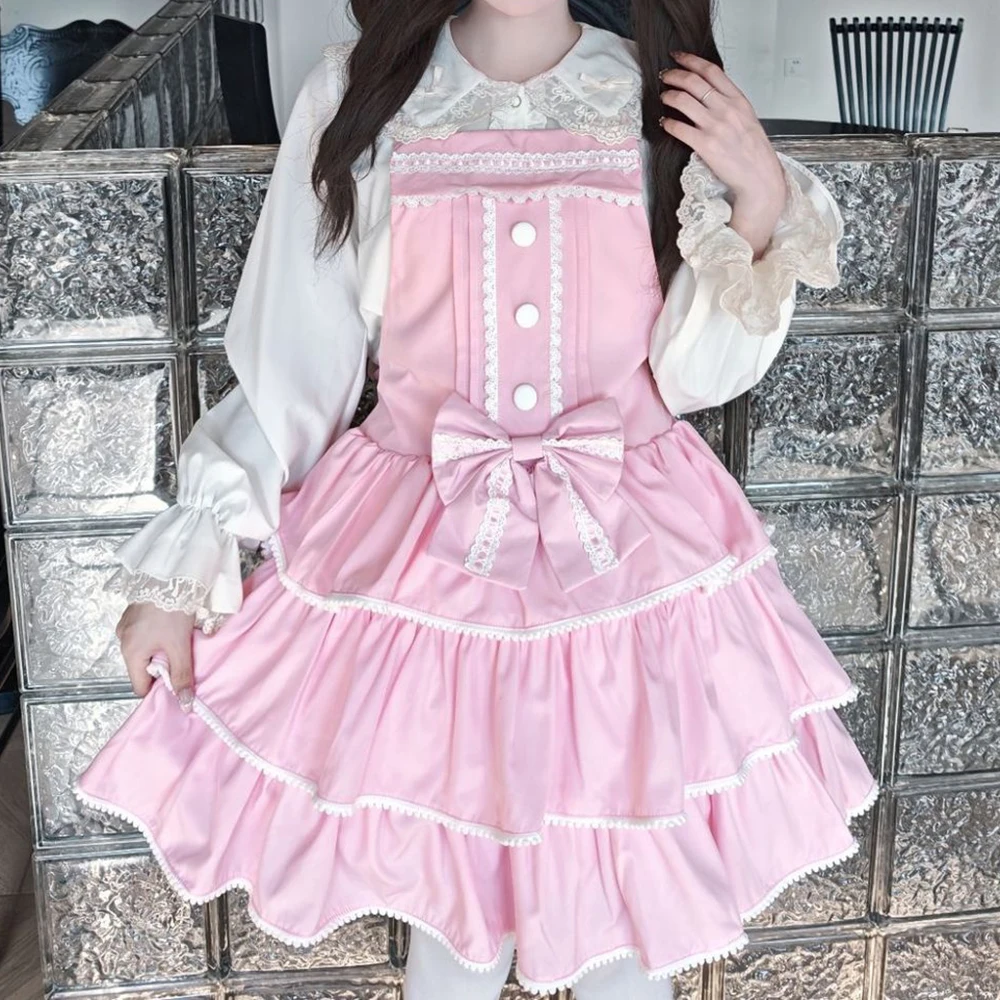 Lolita original doce e fofa saia diária de três camadas com alça bodycon vestido regular ajuste solto fino