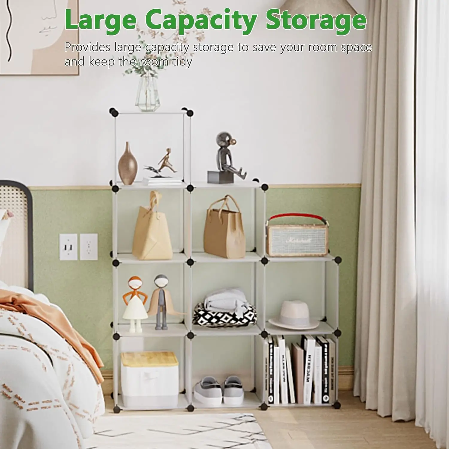 9-Cube Plastic Storage Organizer, DIY Stackable Bookshelf, Modular Shelving for Home Office Kids Room, Translucent White