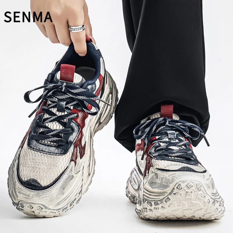 

SENMA Mens Chunky Sneakers Mens Designer Distressed Sports Shoes Casual Leather Breathable Height Increased Platform Gym Shoes