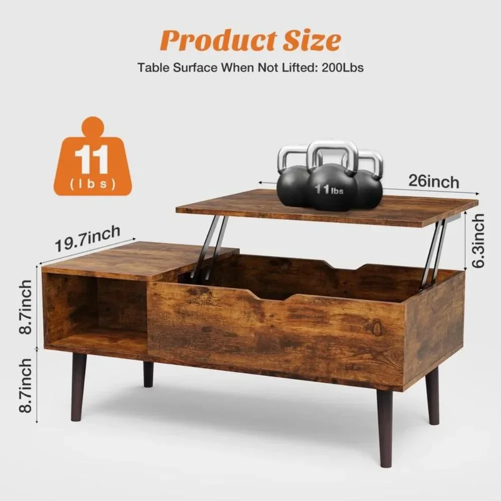 Lift Top Coffee Tables,Rising Tabletop Wood Dining Center Tables with Storage Shelf and Hidden Compartment image 2