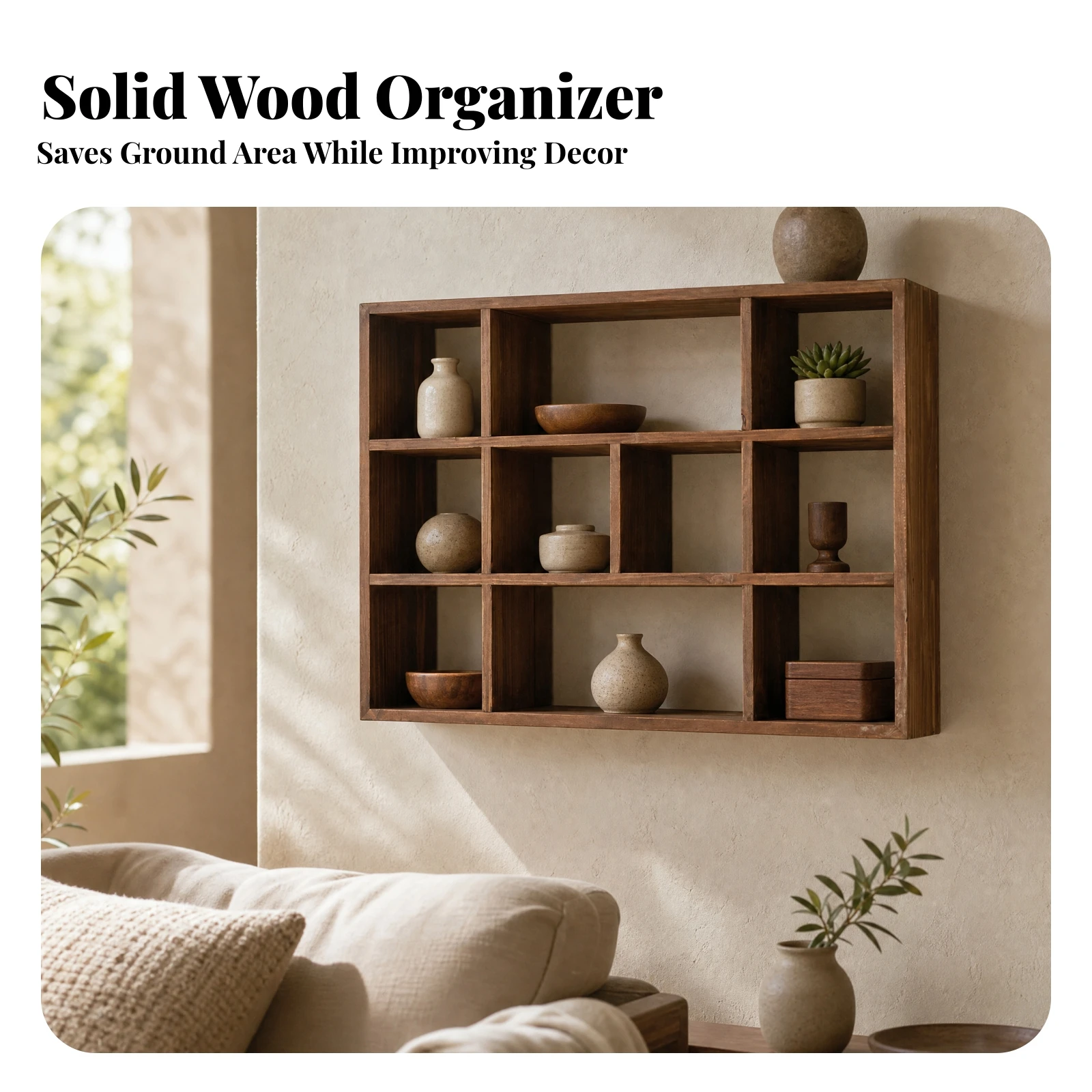 Rectangular Wall Shelf with Frame Multi-Compartment Wall-Mounted Wooden Storage Shelf Vintage Farmhouse for Living Rooms