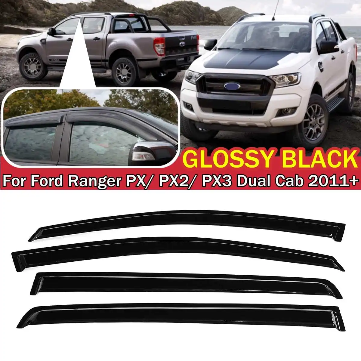 4PCS Car Window Wind Deflectors Tinted For Ford Ranger PX/ PX2/ PX3 Dual Cab 2011 2012 2013 2014 2015 2016 2017 2018 2019 2020+