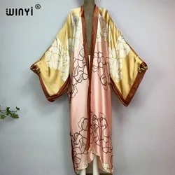 WINYI Kimonos Women Classic flower printing Bikini Cover-ups Elegant Long Sleeve Cardigan Loose beach Sexy Covers party kaftan