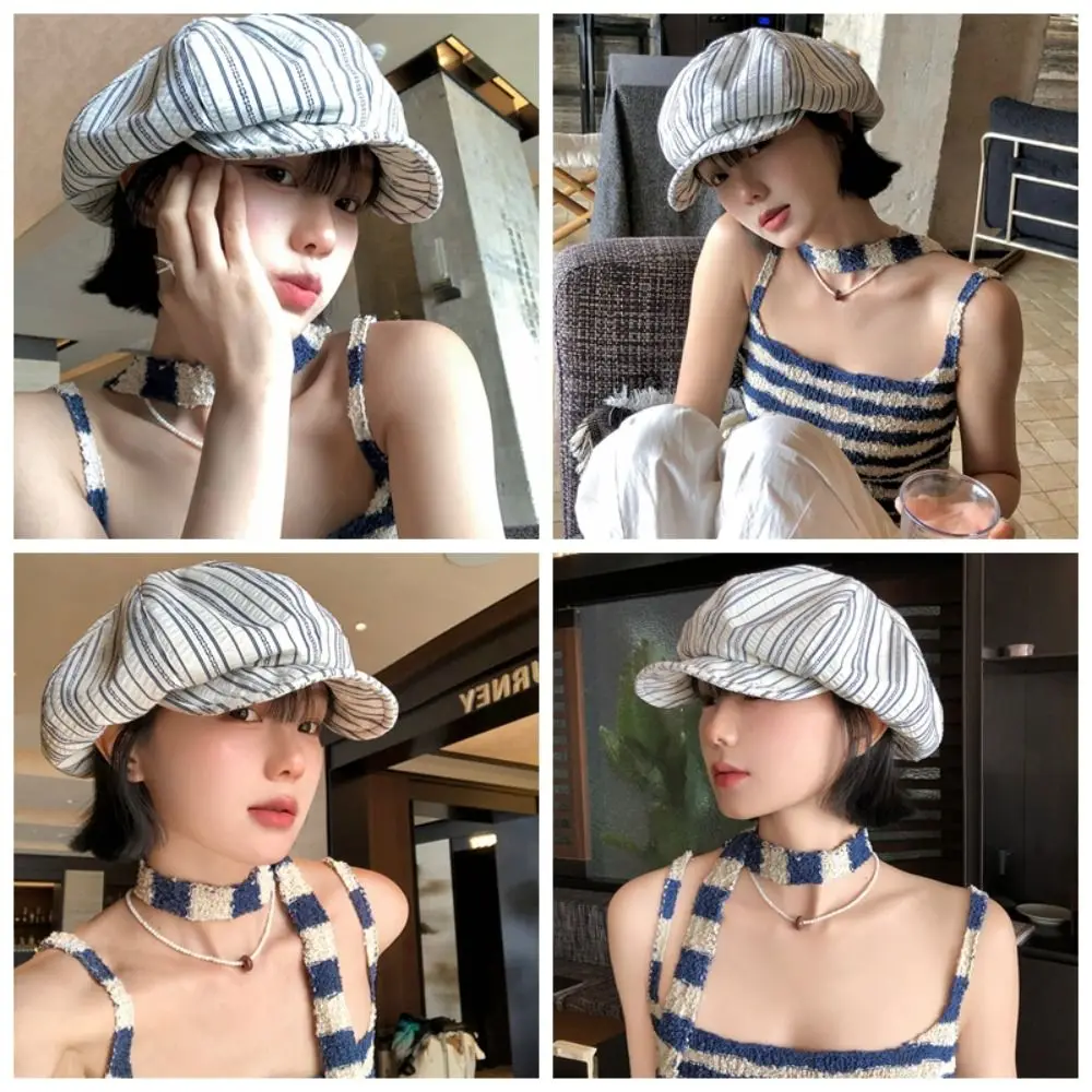 

Korean Spring Summer Striped Berets Thin Sunscreen Octagonal Hat Y2k Casual Painter Caps Female