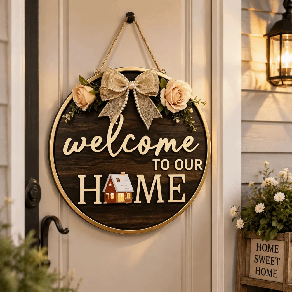 Ornaments 2D Flat Welcome Sign Wooden Bow Knot Hanging Decoration Flower Round Shape Wall Art Porch Decor