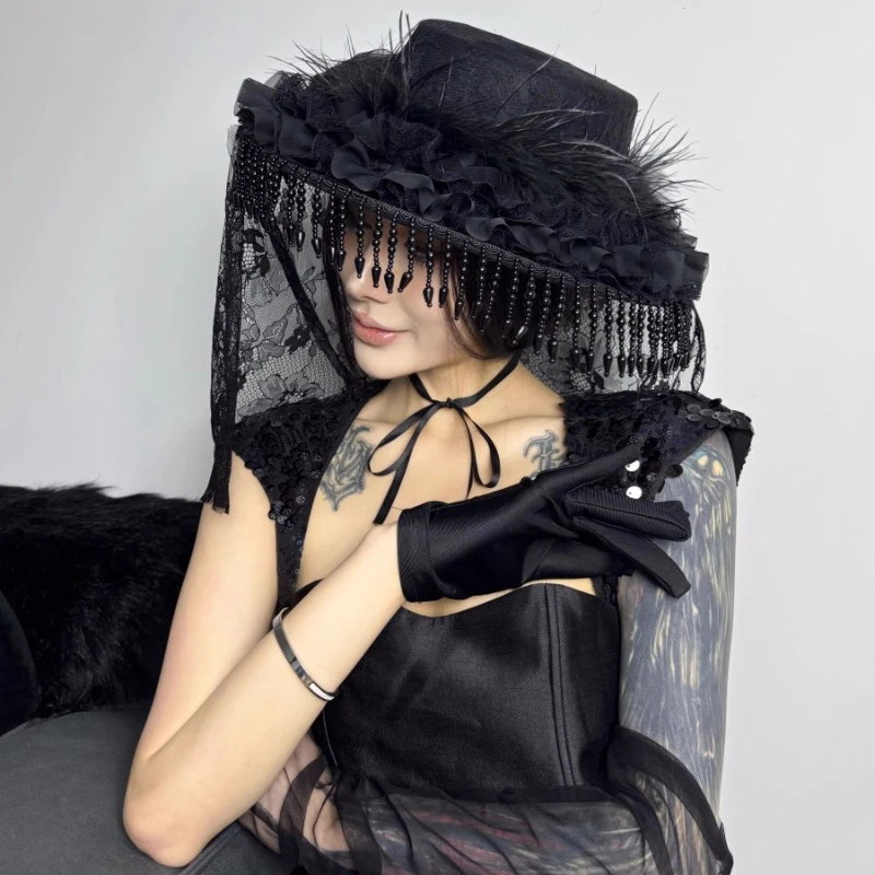Steampunk Handmade Lace Vintage Bandage Bow Wizard Hats for Women Gothic Lolita Cosplay Costume Halloween Party Fedoras Gorras