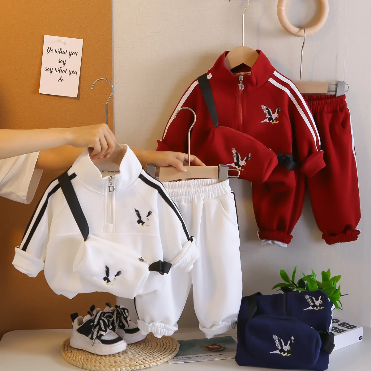 

Baby Boys Cotton Striped Embroidery Half Zip Pullover Sweatshirt+Handbag+Sweatpant Set Kids 3PCS Tracksuit Children Outfit 1-6Yr