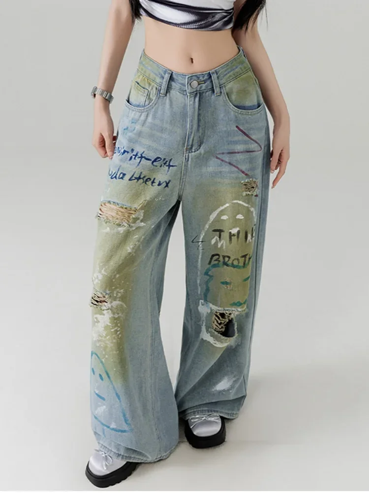 

New American Handmade Graffiti Tear Jeans Y2K Fashion Street Letter Printing Design Feel Loose and Personalized Floor Pants