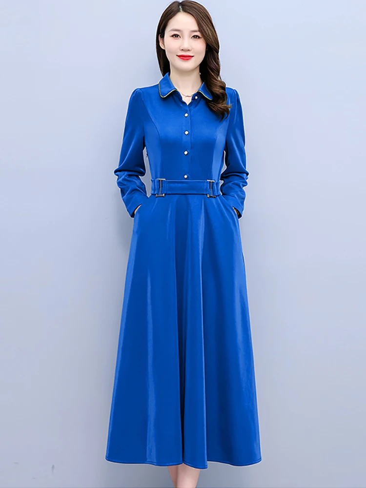 Autumn Winter Long Sleeve Korean Midi Dress 2024 Elegant Polo Collar Office Lady Dress Women Elegant Bodycon Party Night Vestido