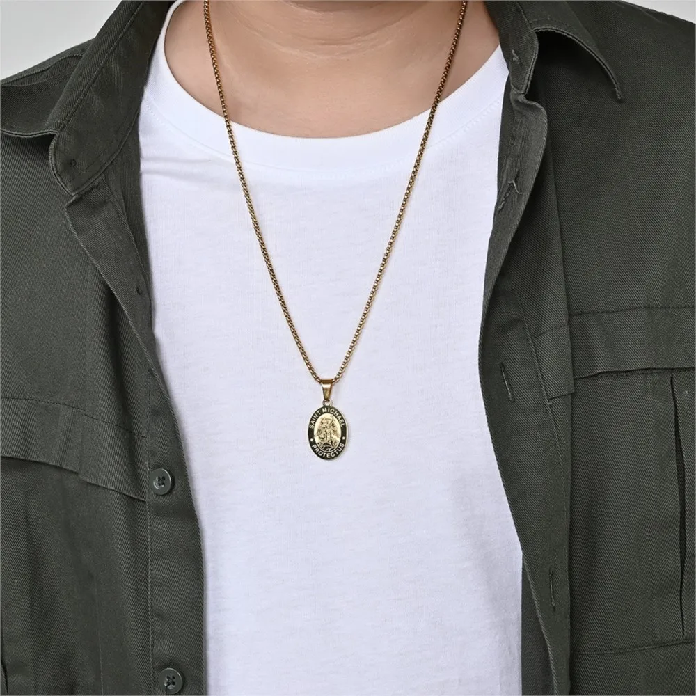 Boys Gift Jewelry Saint Michael Pendant Necklace for Men  Christopher Medal Archangel Catholic Religious Stainless Steel