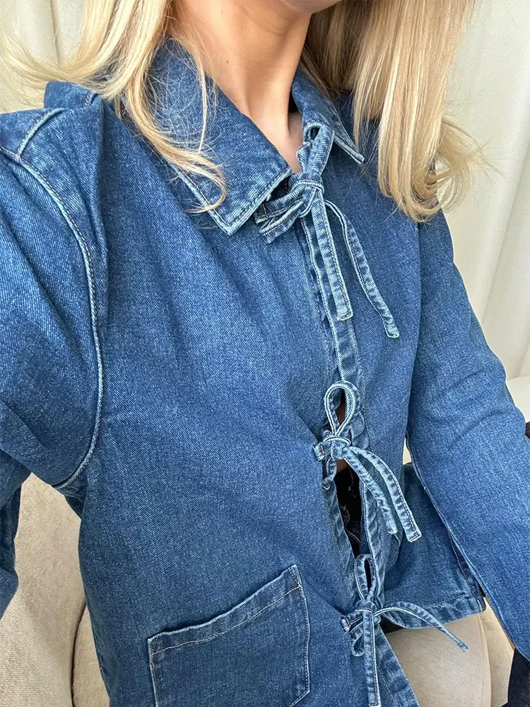 Fashion Denim Bow Lace-up Shirt For Women Casual Lapel Long-sleeved Blue Blouse 2024 Female Chic Office Ladies Streetwear