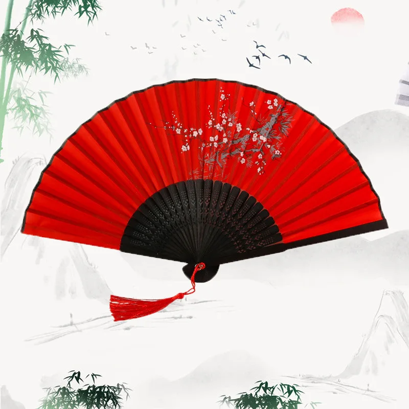 Handheld Folding Fans Chinese Retro Style Handheld Folding Fans Bamboo Basket Silk Fans and Elegant Tassels for Dance Party