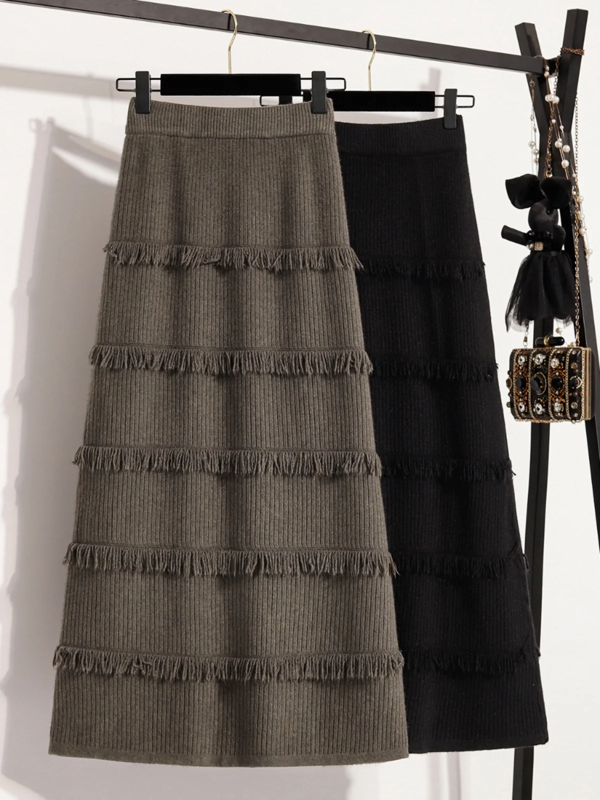 

Knot Knitted A-Line Long Skirt Women's Spring Autumn High Waist Cake Skirt Korean Style Commute High Fashion Sensation