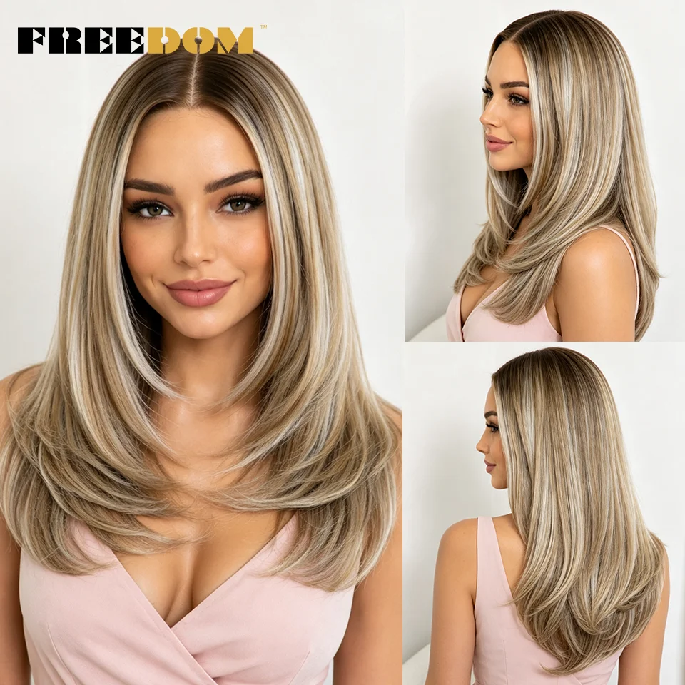 FREEDOM 13x6 Synthetic Lace Frontal Wigs For Women 20“ Pre Plucked Lace Front Wig Wear And Go Ombre Brown Daily Pre-cut Lace Wig
