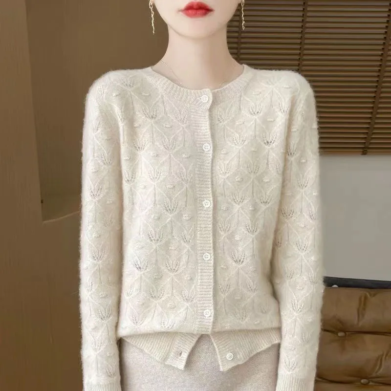 Autumn And Winter New Hollow Round Neck Cardigan Women's Jacquard Loose Wool Knitted Long-Sleeved Coat Top