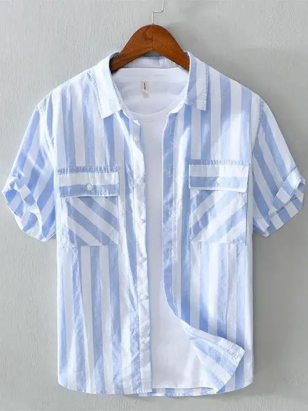 summer-men's-pocket-striped-short-sleeve-shirt-thin-casual-loose-simple-elastic-youth-breathable-male-two-piece-set
