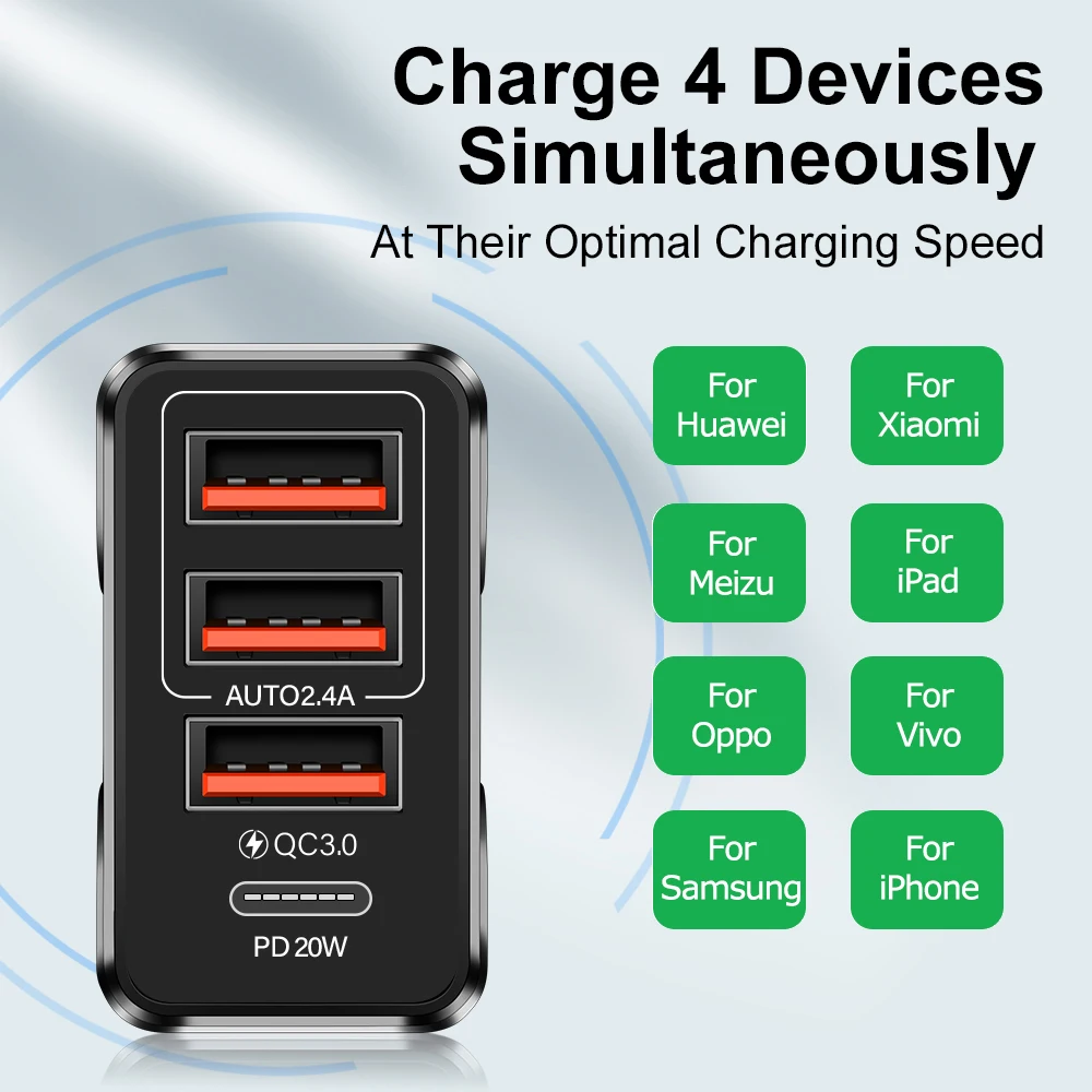 Fast Charging Charger Type C PD 20W USB Mobile Phone Charger Multiple 4 Port Quick Charging Charger for Iphone Xiaomi Huawei