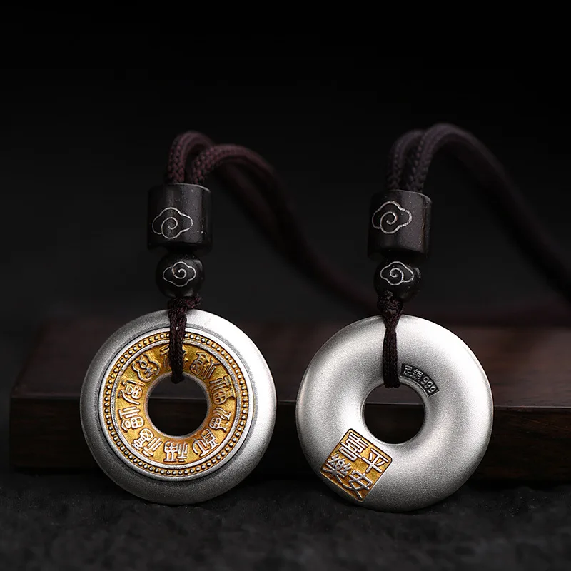 Peace Coin Pendant Necklace with Hundred Blessings Characters New Chinese Style Unisex Auspicious Jewelry Cultural Gift Unisex