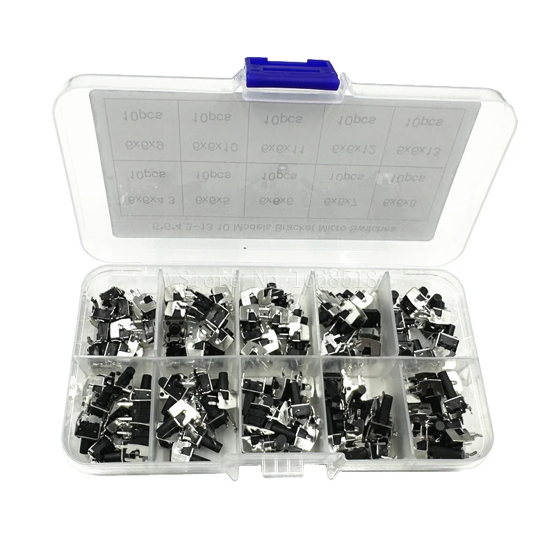 100pcs 10value 6x6mm Momentary Tactile Tact Mini Switch Mixed kit Box 6*6*4.3/5/6/6.5/7/8/9/10/11/12mm Right Angle With stent