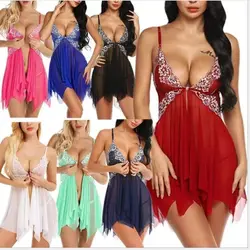 5XL Women Porn Lace Sexy Lingerie Front Closure Babydoll V Neck Nightwear Sexy Chemise Nightie                        se Nightie