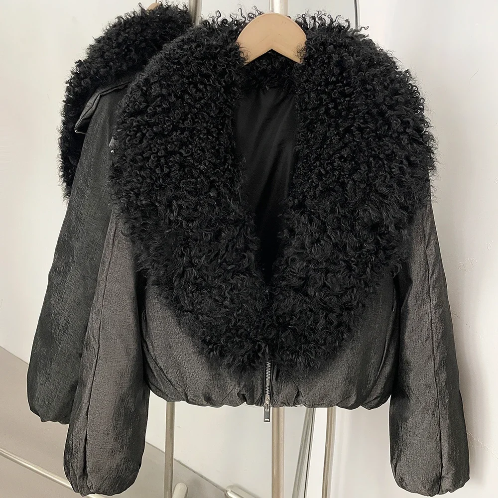 OFTBUY Shiny Zipper Duck Down Jacket Female Warm Outerwear Winter Real Lamb Fur Collar Coat Women Cropped Loose Puffer Coat