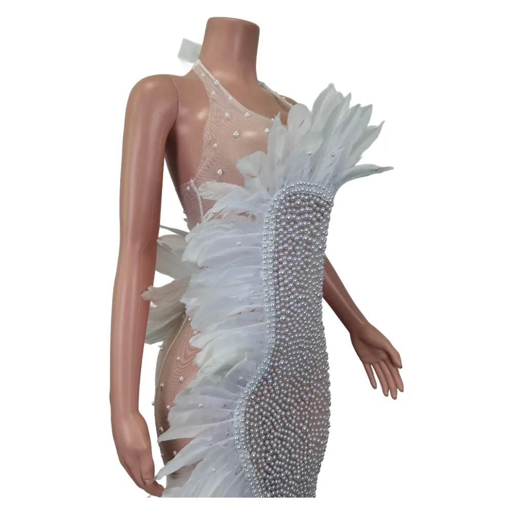 Sexy Stage Prom Halter Rhinestone Dress Women Elegant White Feather Mesh See Through Wedding Party Long Dress Singer Stage Wear