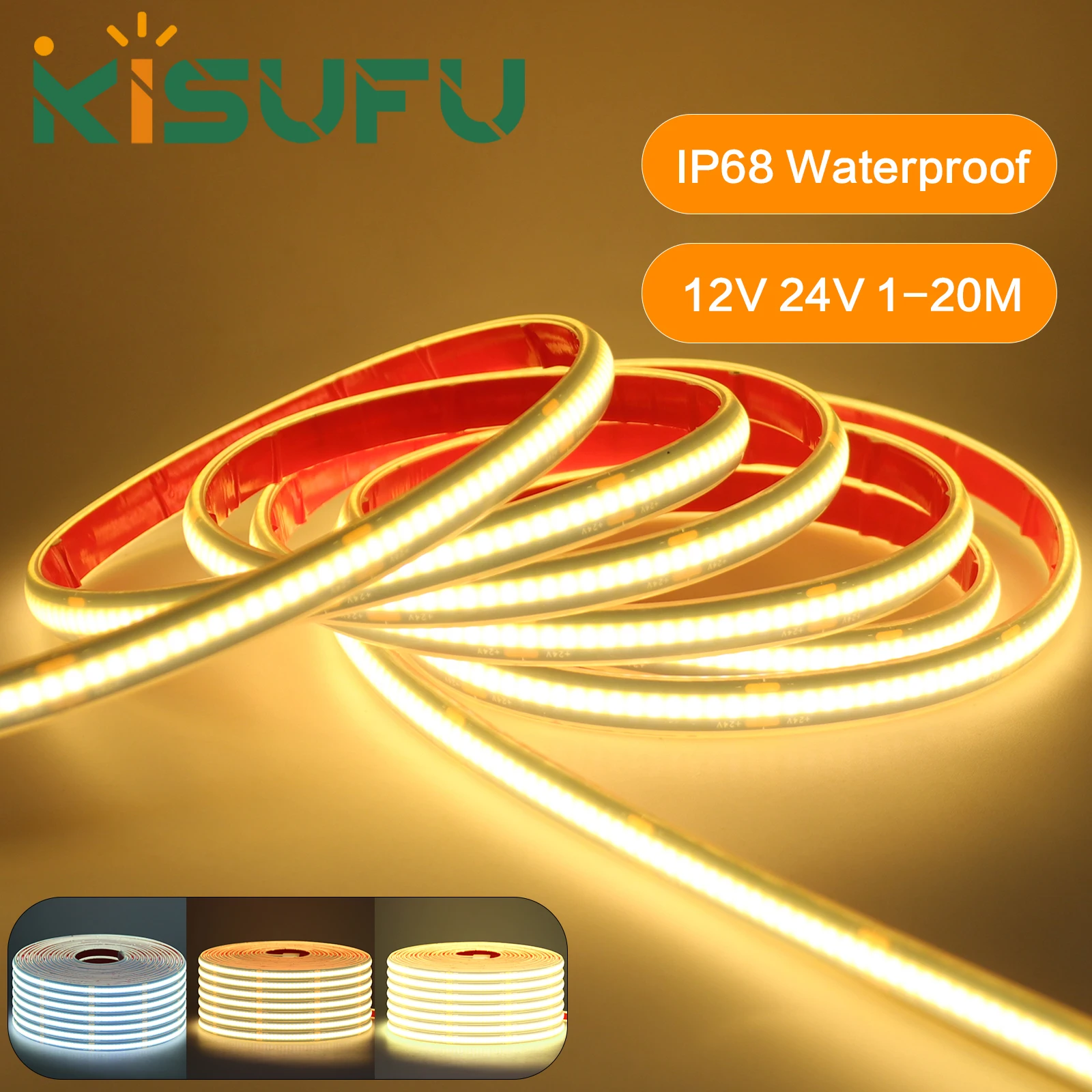 IP68 Waterproof COB LED Strip Light DC12V 24V 320LEDs/M 3000K 4000K 6000K Indoor Outdoor Linear Dimmable Ribbon LED Tape 1M- 20M