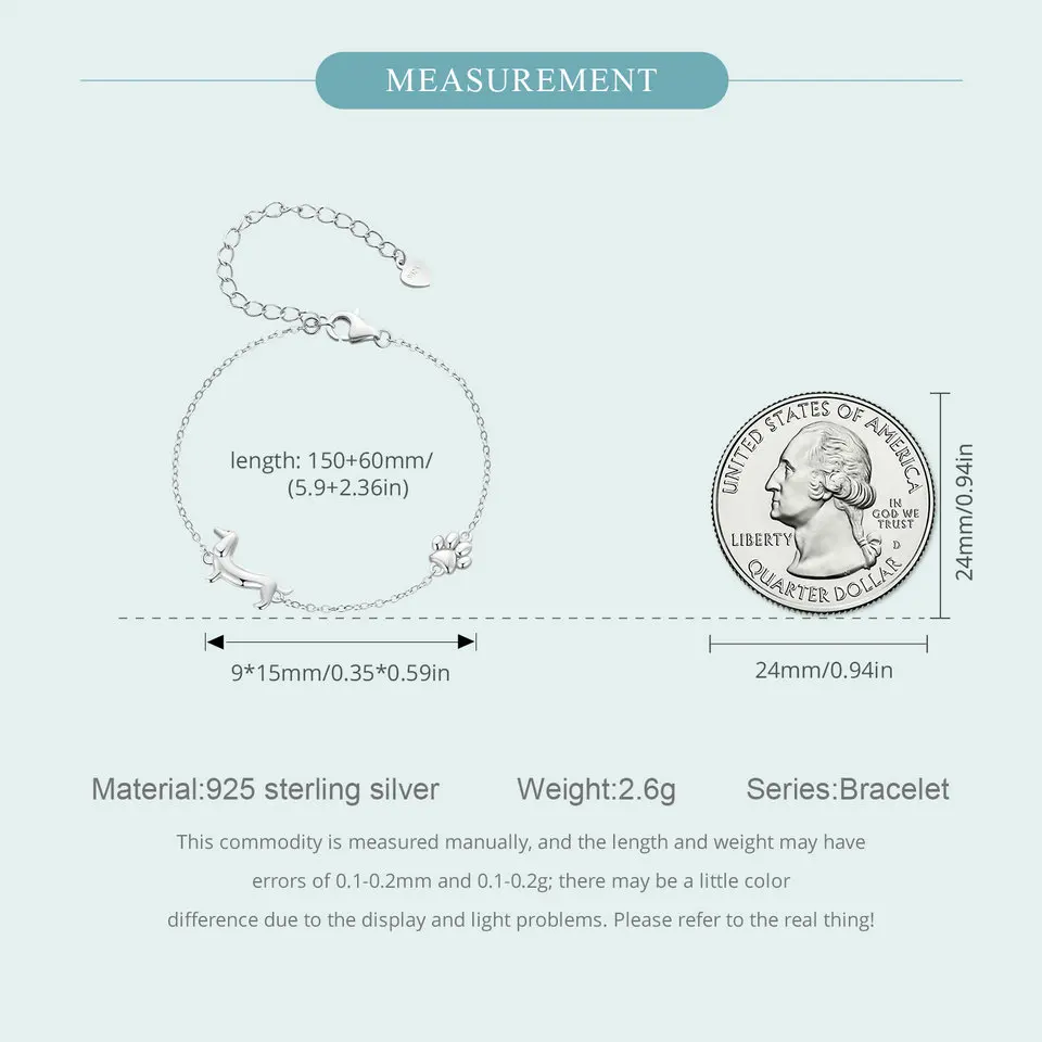 WOSTU 925 Sterling Silver Dachshund Dog Bracelet cute paw design print Chain For Women Girl Fine Jewelry Party Birthday Gift