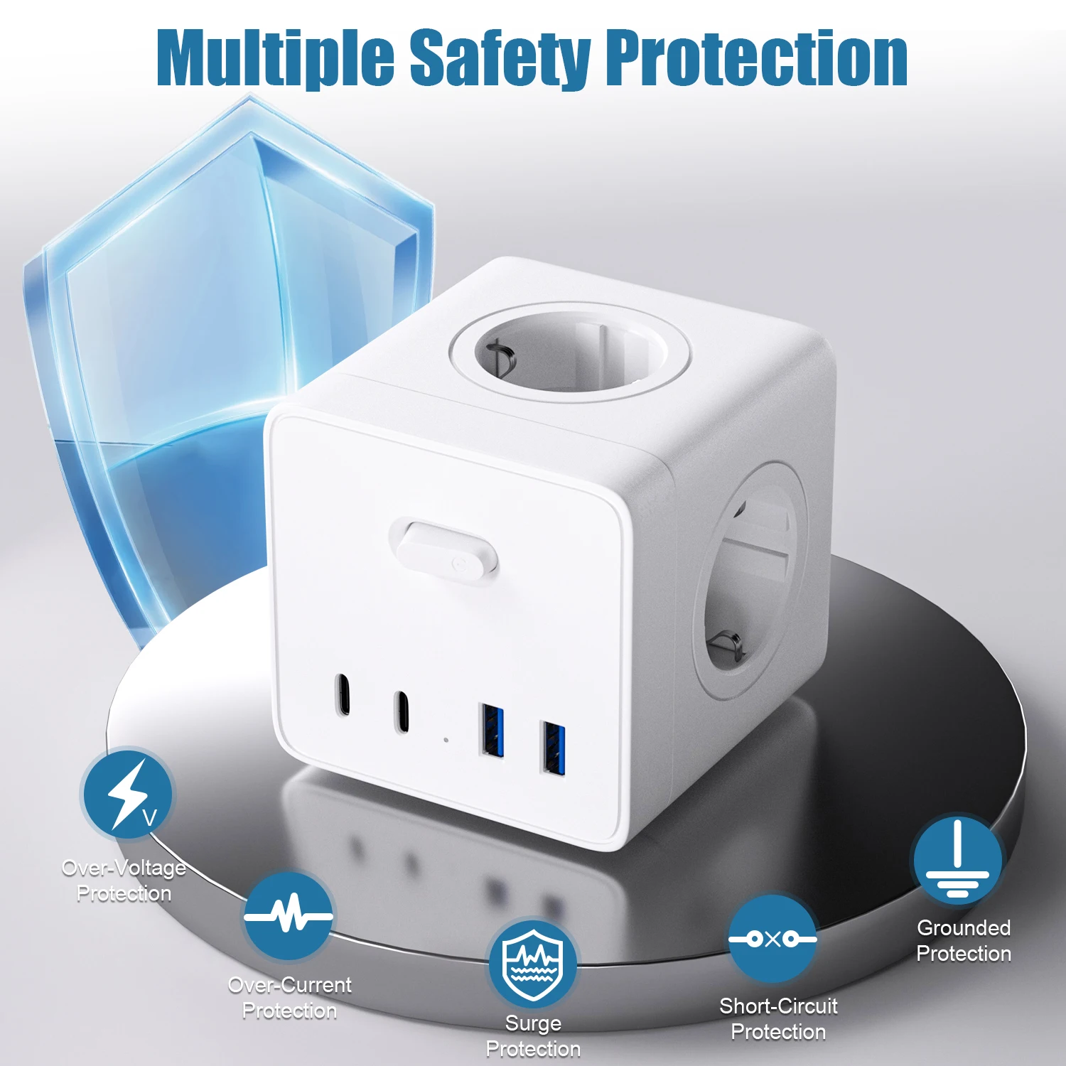 EU Plug Cube Power Wall Socket with 4 AC Outlets + 2 USB and 2 Type C Fast Charging Ports Multi-Contact Power Adaptor Extender