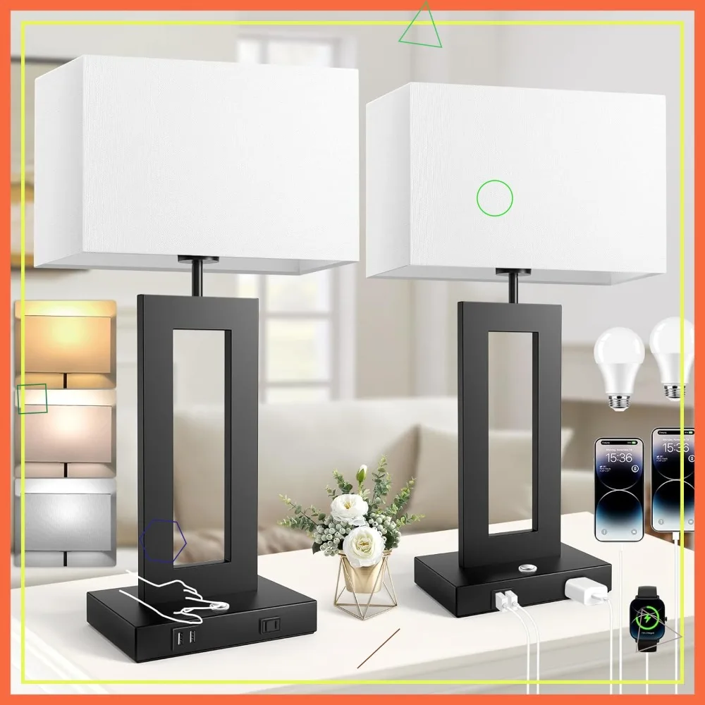 

Set of 2 Touch Control Bedside Lamps with 3 Color Temperatures, USB Ports & AC Outlet, Dimmable Modern Decor for Living Room