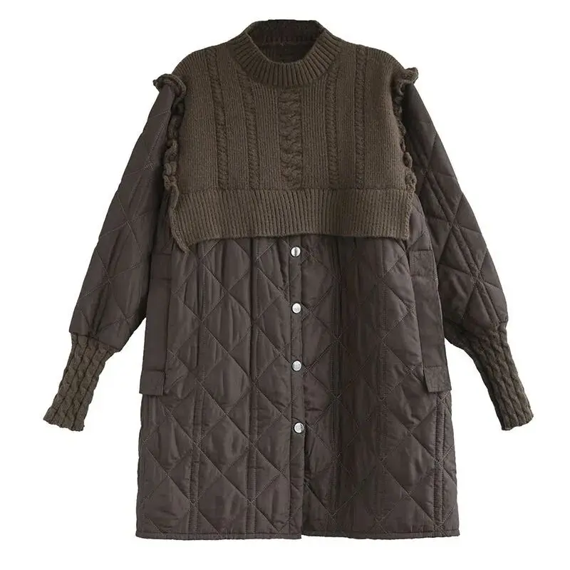 レディースニットロングスリーブサーマルコットンジャケット秋冬スタンドカラースプライシングデザイン快適な韓国風スレコート