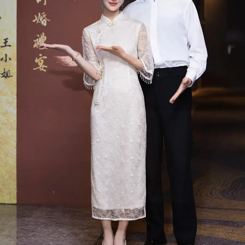 

Sexy Mesh Sleeve Chesongam Chinese Bride Wedding Dress Luxury Evening Party Vestidos Improved Qiapo Dress Modern Hanfu Dresses