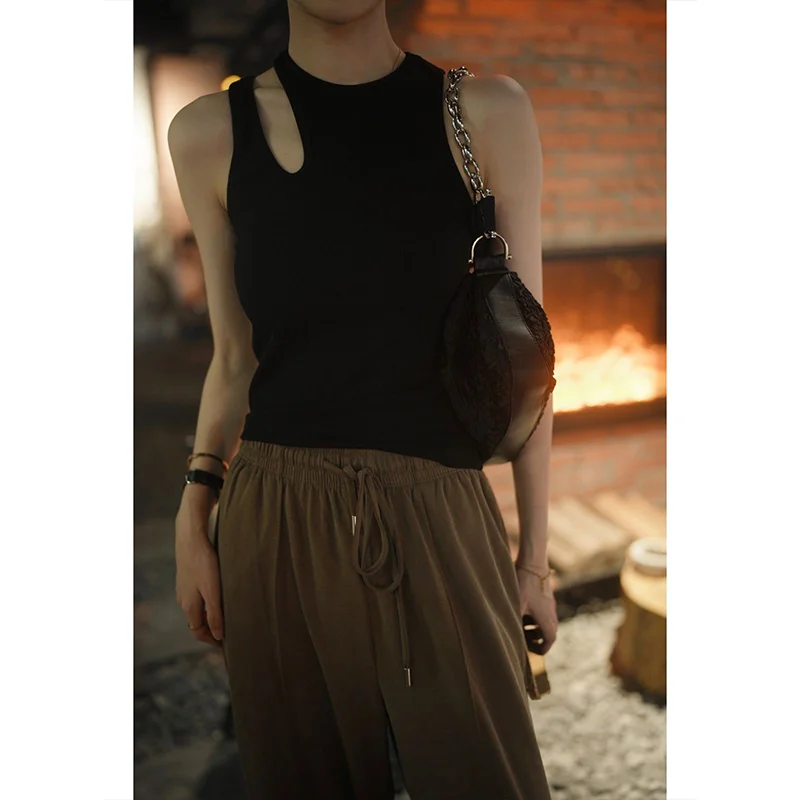 Women's Knitted Crop Top Summer Sweet Cool American Style Shoulder Strap Vest Inner Wear Suit Matching Short Length Slim Fit