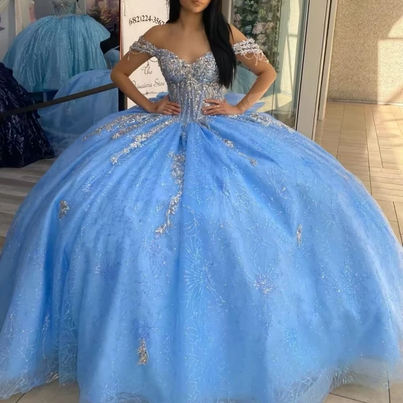 Blue Glitter Quinceanera Dresses Off Shoulder Ball Gown Sweet 16 Dress Sequin Applique Beading Bow Tull Party Birthday Vetidos