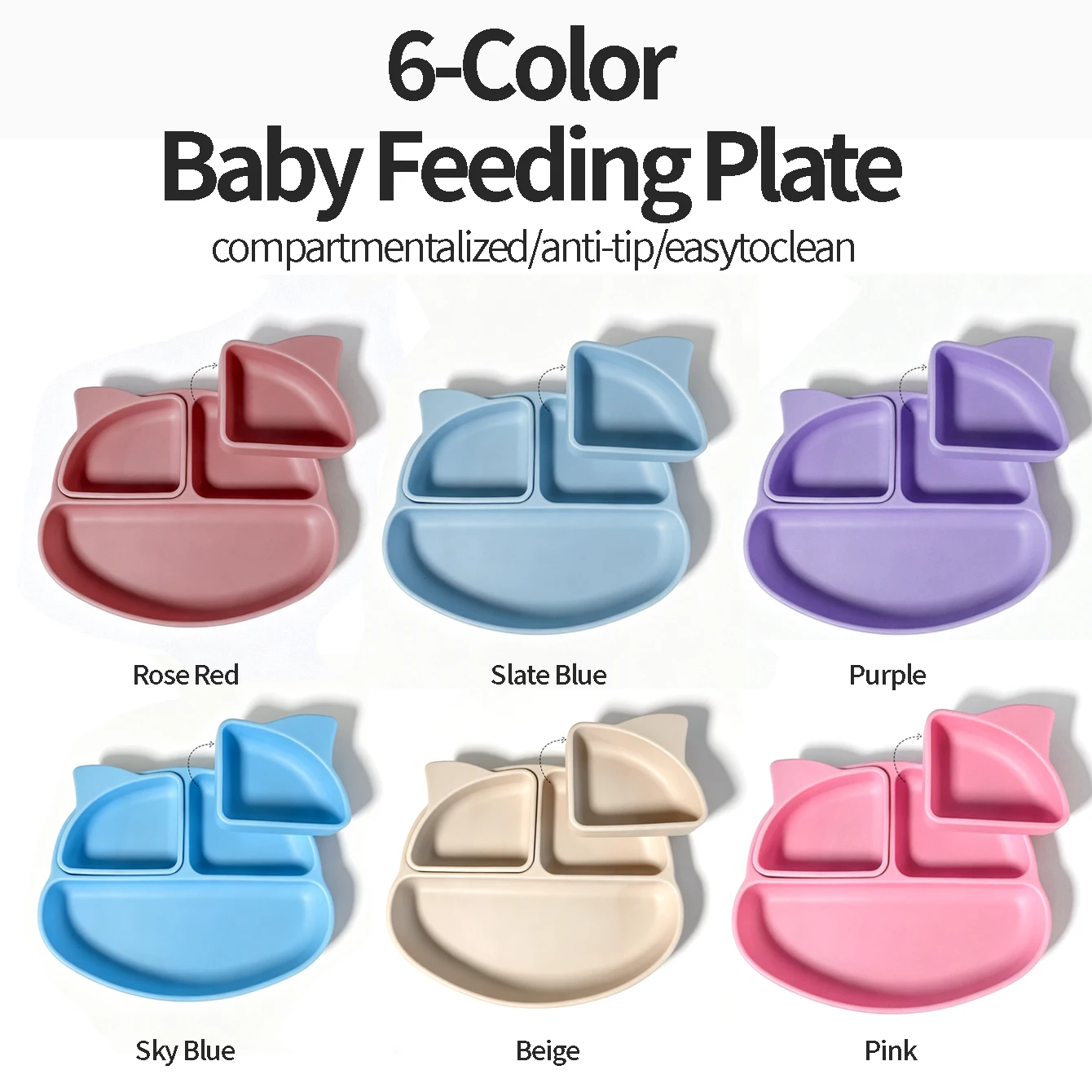 Silicone Baby Suction Plate, Detachable Divided Compartment Cat Shaped Toddler Feeding Tray, Cute Cat Head Kids Food Plate