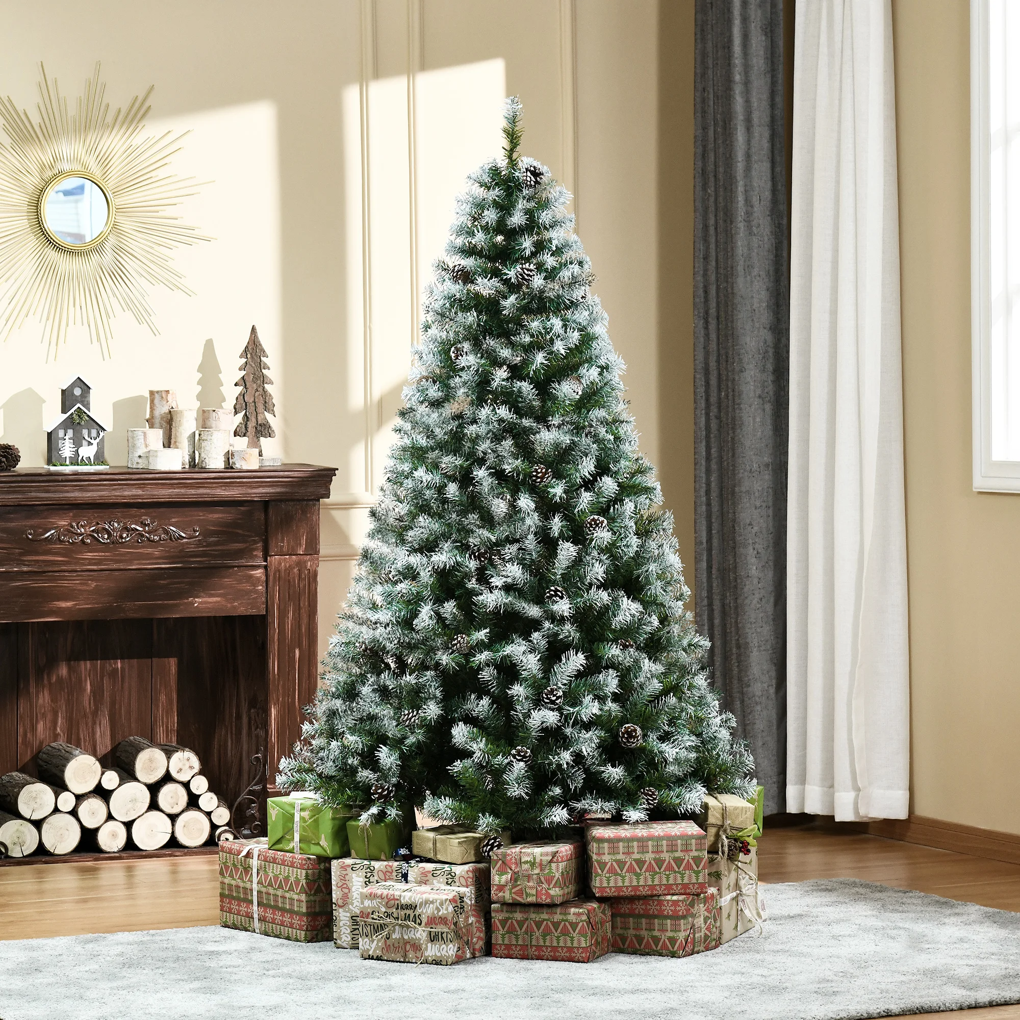 Homcom 6ft Unlit Snow-Dusted Full Fir Artificial Christmas Tree with Realistic Branches, 61 Pine Cones and 800 Tips