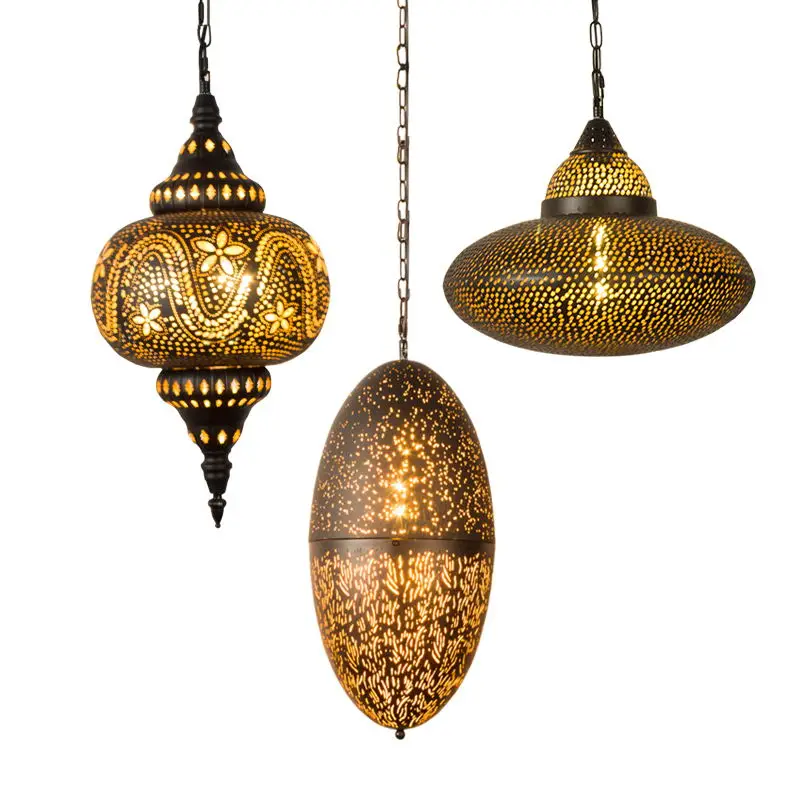 

Hollow chandelier retro industrial style wrought iron single head gold carving decoration Xinjiang style restaurant chandelier