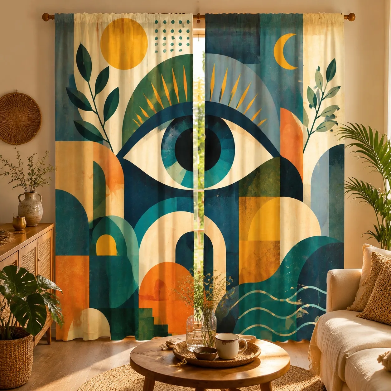 Geometric Eye Curtain Panels, Boho Abstract Evil Eye Plant Sun‑moon Retro Tone Print Drapes for Bohemian‑Style Apartment Decor