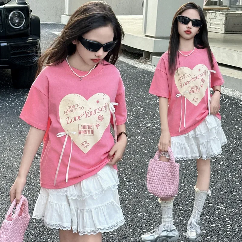 

Girls Tops Summer Heart Print Fashion T-shirt and White Layered Skirts Free Choose kids Sets Children's Clothing 5 To 14 Years