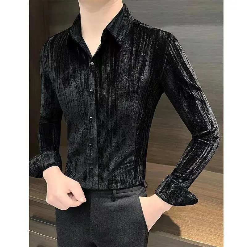 

Velvet High-end Thick Long Sleeved Shirt with Hot Dark Pleats Thick and Stylish High-end Slim Fit Top for Men