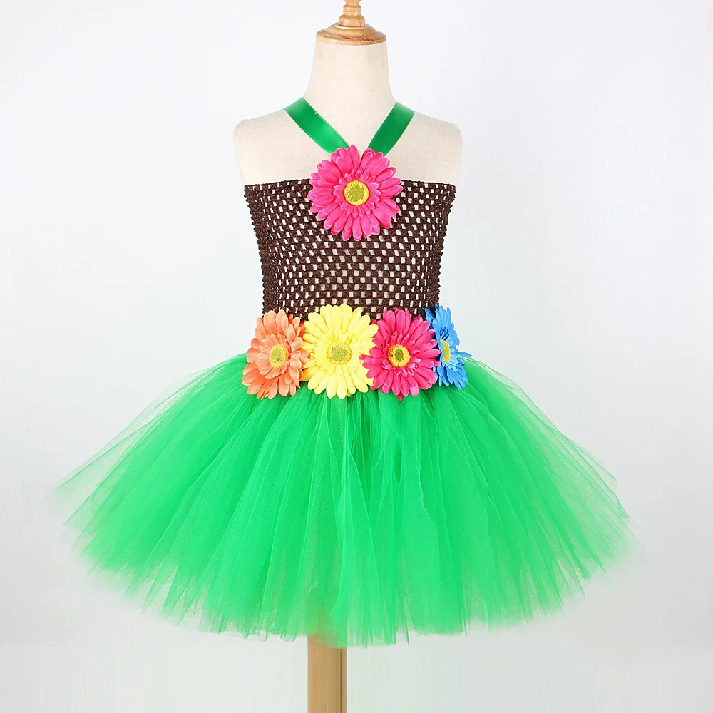 Sunflowers Hawaiian Costumes for Girls Bohemian Hula Princess Dresses for Kids Hula-hula Ballet Tutus Outfit with Flower Wreath