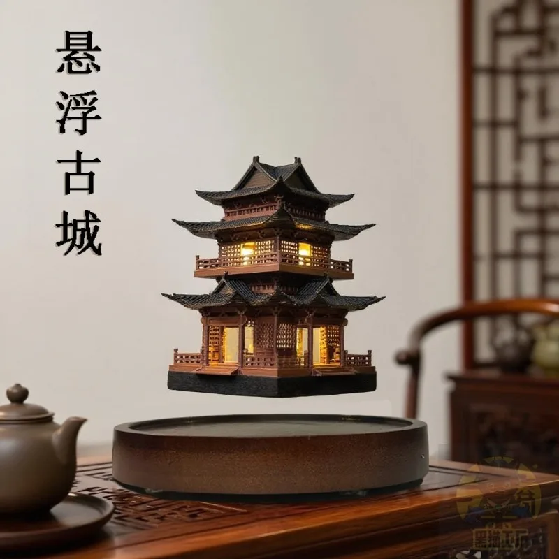 Maglev Antique Pavilion Ornament Rotating Home Living Room Office Decoration Tea Table Micro Landscape Decoration