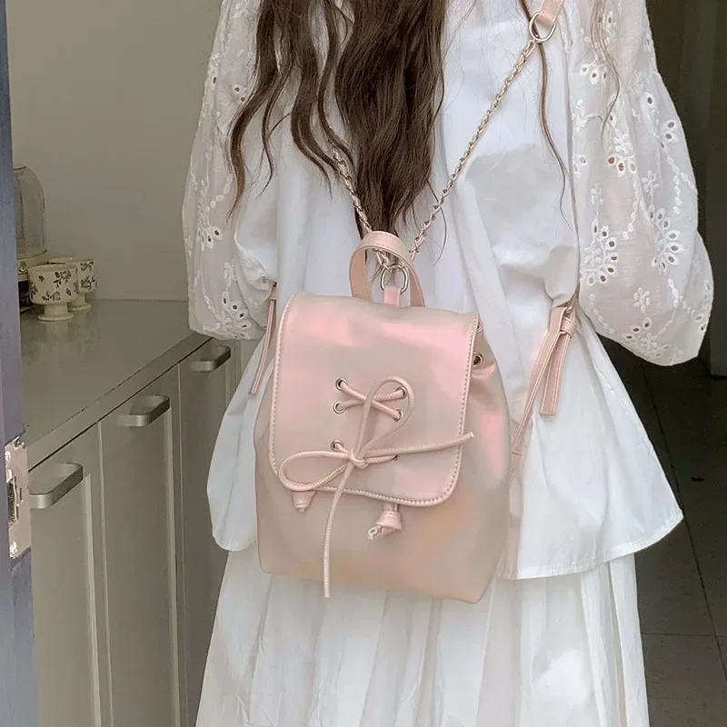 Ballet style bow double shoulder women's bag 2024 new trendy Korean backpack, cute portable shoulder bag schoolbag