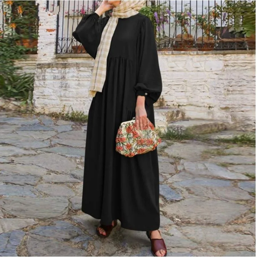 2025Women's Eid Muslim Dress Abaya Lantern Sleeve Long Dress Arab Dubai Jalabiya Vestidos Loose Casual Summer Ankle Length Dress