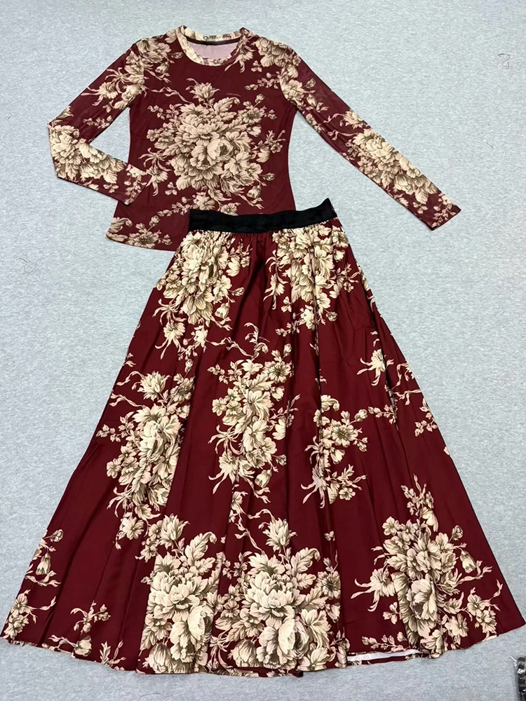 Conjunto de duas peças de camiseta de malha de malha estampada retrô do designer para roupas femininas de outono 2025 + cintura elástica saia solta conjunto de moda