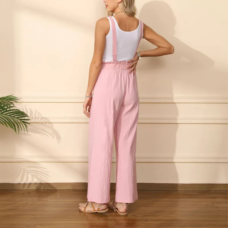 Summer Detachable Sling Jumpsuits For Women Casual Solid Color Straight Elastic Waist Long Pants High Fashion Versatile Rompers