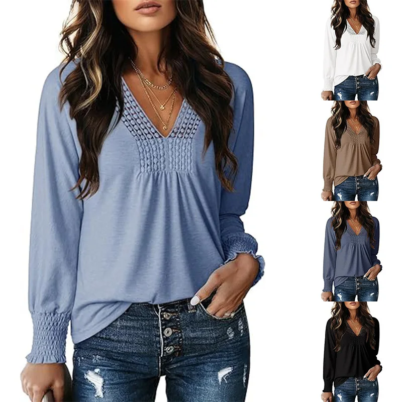 

Y2K new women's casual V-neck long-sleeved T-shirt loose waist shirt simple and elegant autumn office fashion top