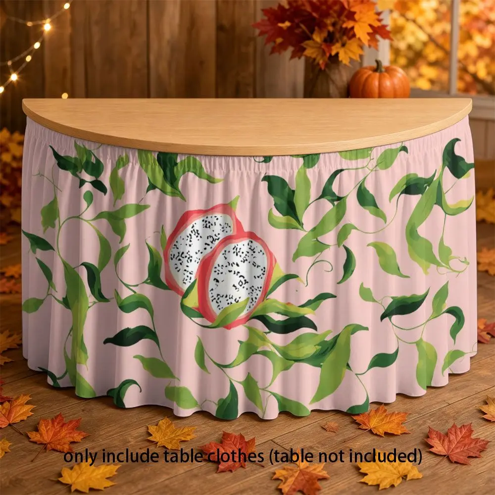 2D tropical style round tablecloth, with dragon fruit green leaf pattern, soft and elastic edges