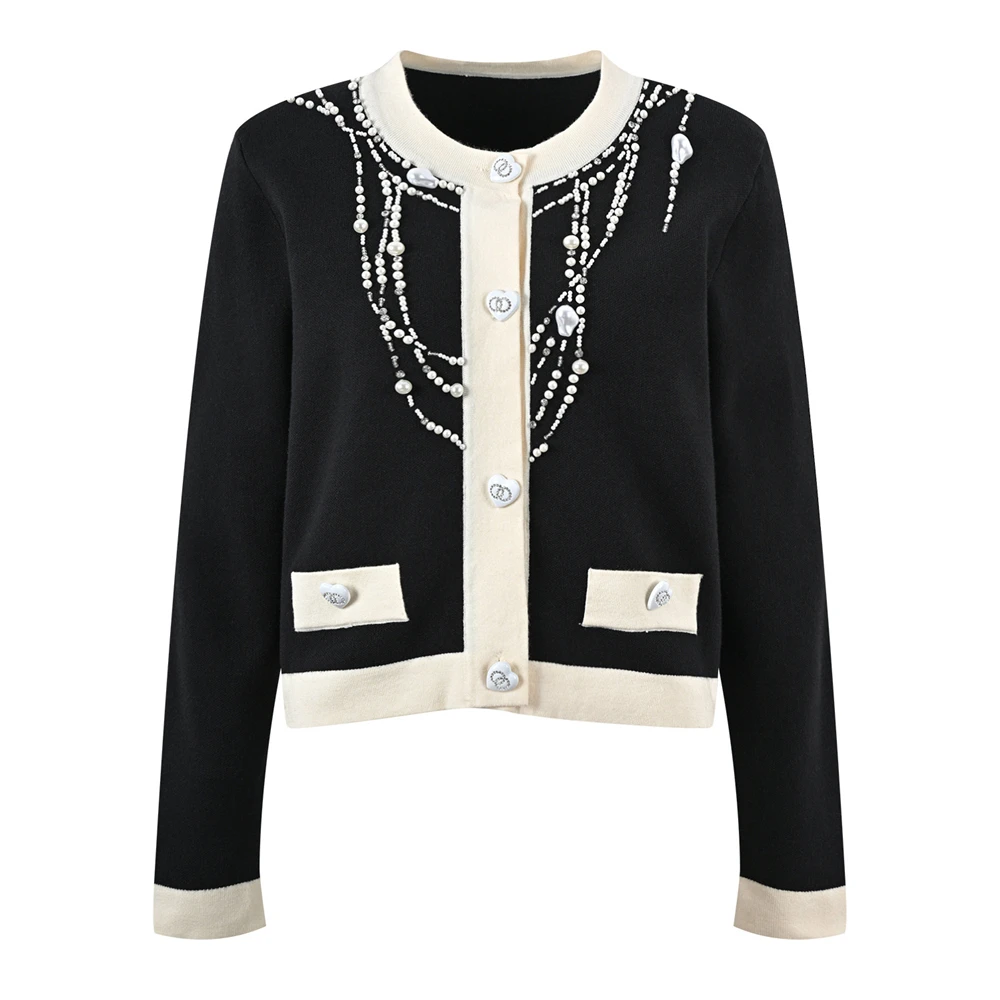 

High-End European Sle Pearl Chain Heart Bule Sweater round Ne Knitted Open Cardigan Women's Top Color Blo Design