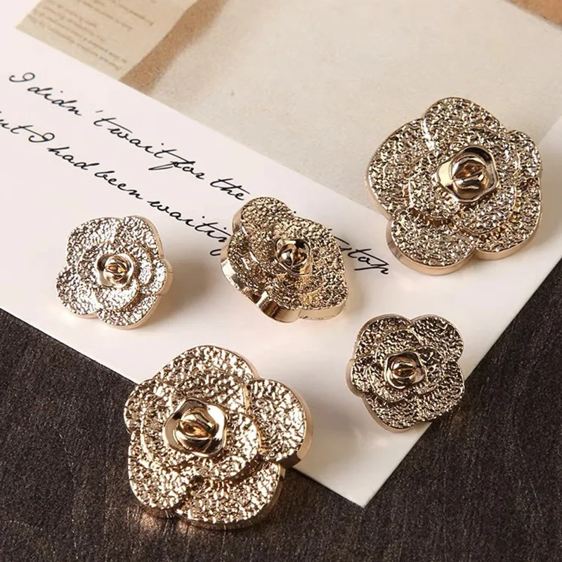 10PCS Camellia Metal Buttons DIY Coat Tweed Knitted Sweater Buckle Flower Decorative Shank 3D Buttons